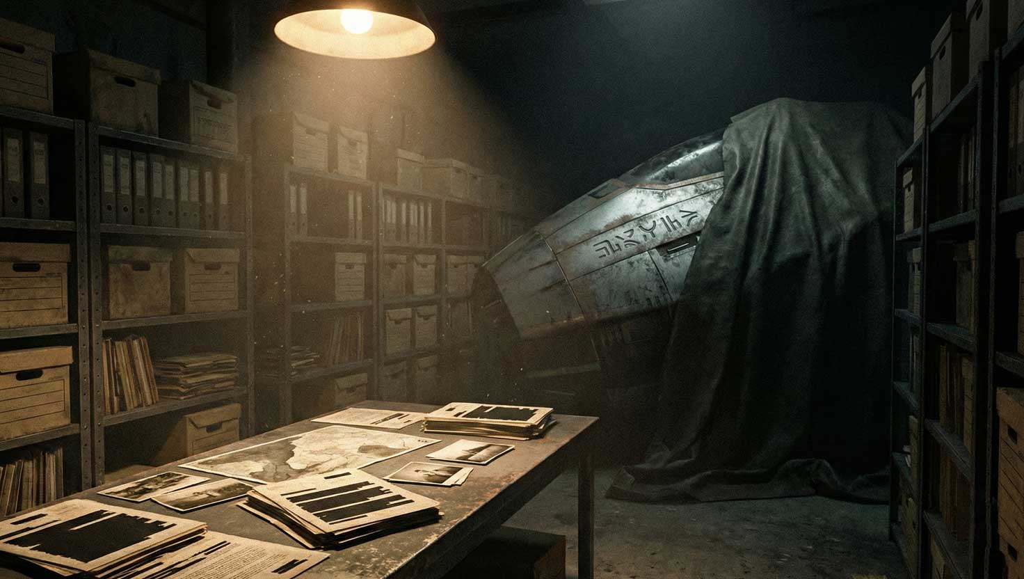 Classified government files on a dimly lit table with a metallic craft fragment under a tarp in a shadowy archive room.