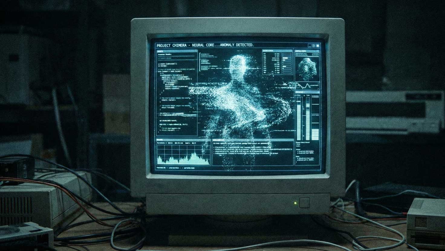 An AI interface on a dimly lit computer screen showing static with a faint humanoid shape forming inside the noise.
