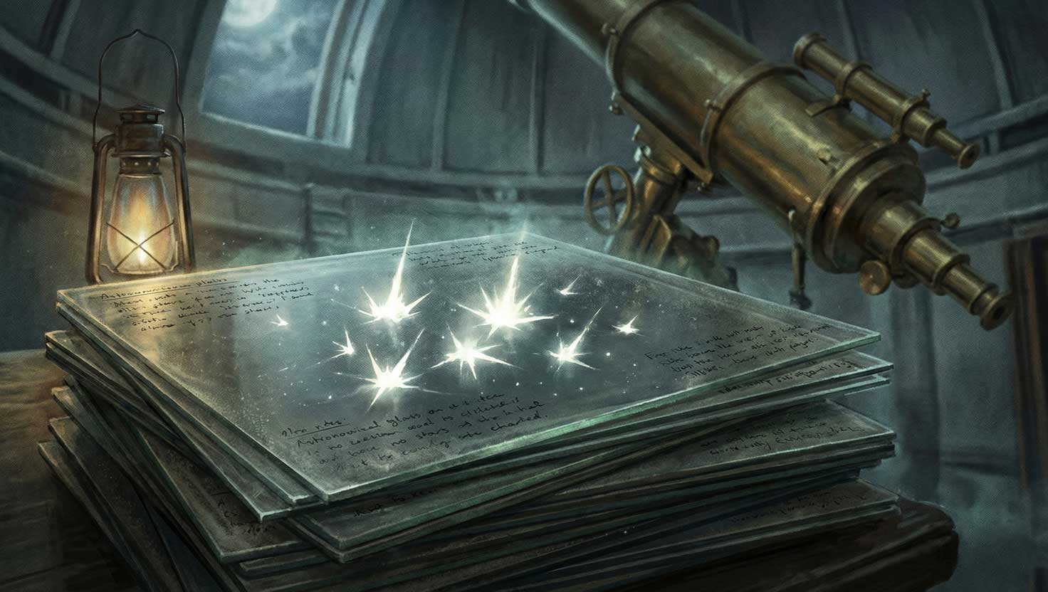 Old observatory glass plates showing mysterious star like flashes against a dim telescope background.