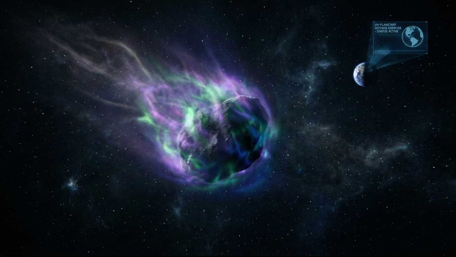 An eerie illustration of Comet 3I/ATLAS glowing with purple and green light while moving through space as Earth and a faint planetary-defense overlay appear in the distance.