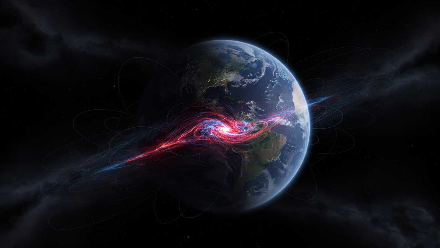 Illustration of Earth viewed from space showing a weakened magnetic field over the South Atlantic region, with distorted magnetic lines and a glowing anomaly.