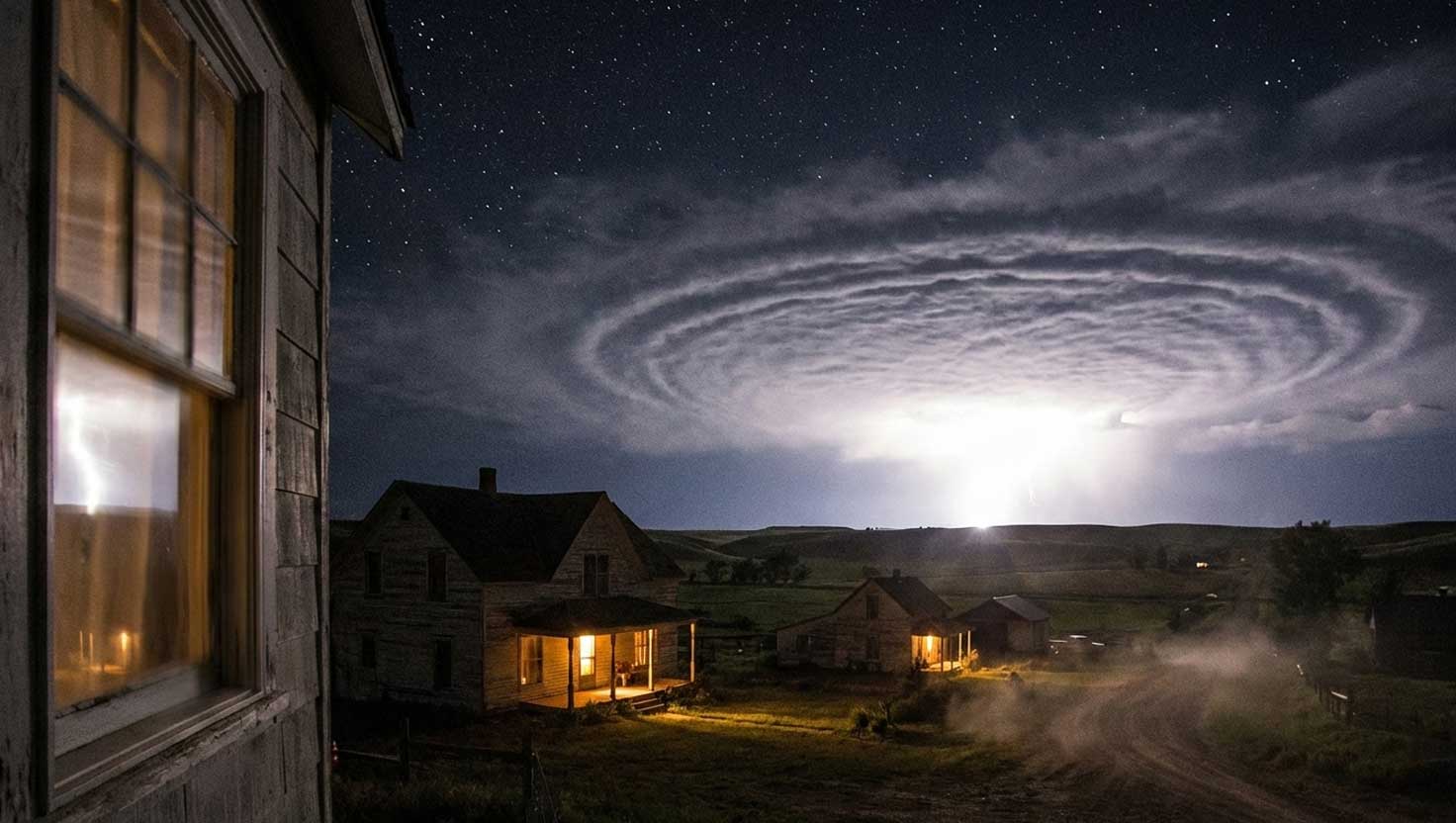 A rural town at night with houses lit below as a bright atmospheric shockwave flashes across the sky, causing windows and objects to shake.