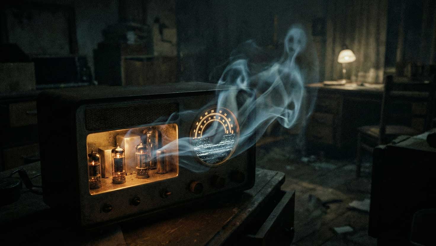 A dimly lit shortwave radio glowing in the dark with static on the display and faint ghostly shapes suggested around the speaker.