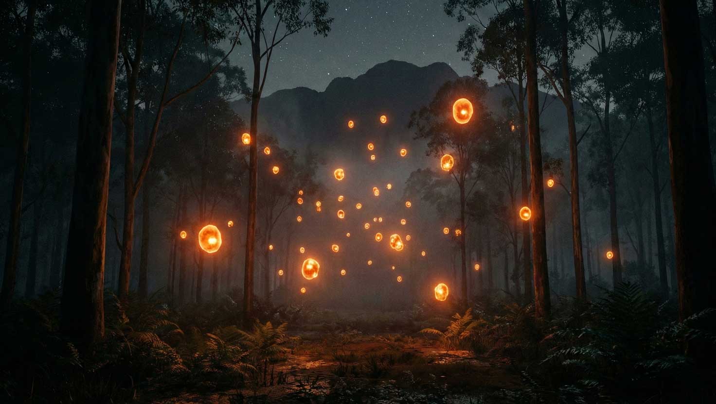 Glowing orange orbs rising silently from a dark forest in Queensland against a mountain backdrop.