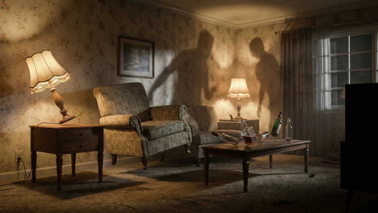 A 1950s style living room with bottles, furniture, and objects shifting or levitating as if moved by an unseen force.