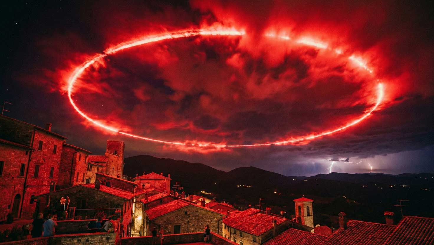 A glowing red circular halo stretching across the night sky above an Italian mountain town, resembling a huge UFO shaped ring.
