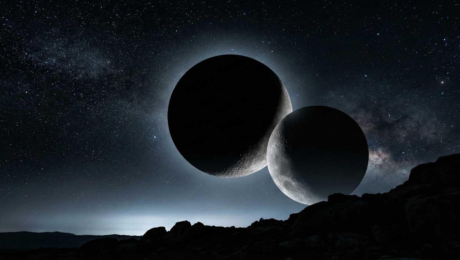 A dark, mysterious object partially hidden behind the Moon, creating an eerie shadow against a detailed lunar surface and starry background.