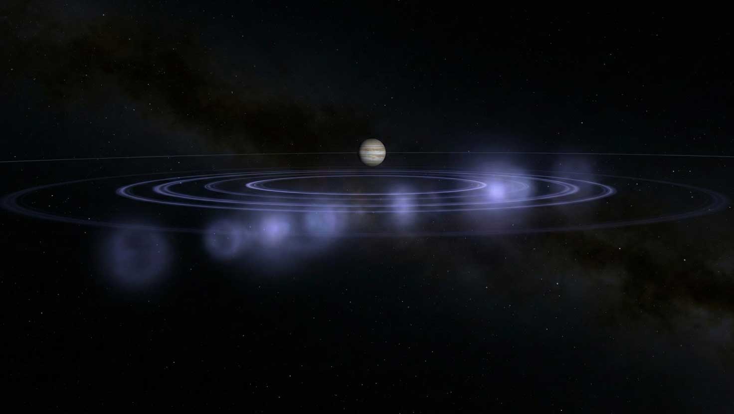 A deep space view of Jupiter with a faint pulsing signal represented as glowing waves drifting near its orbit.