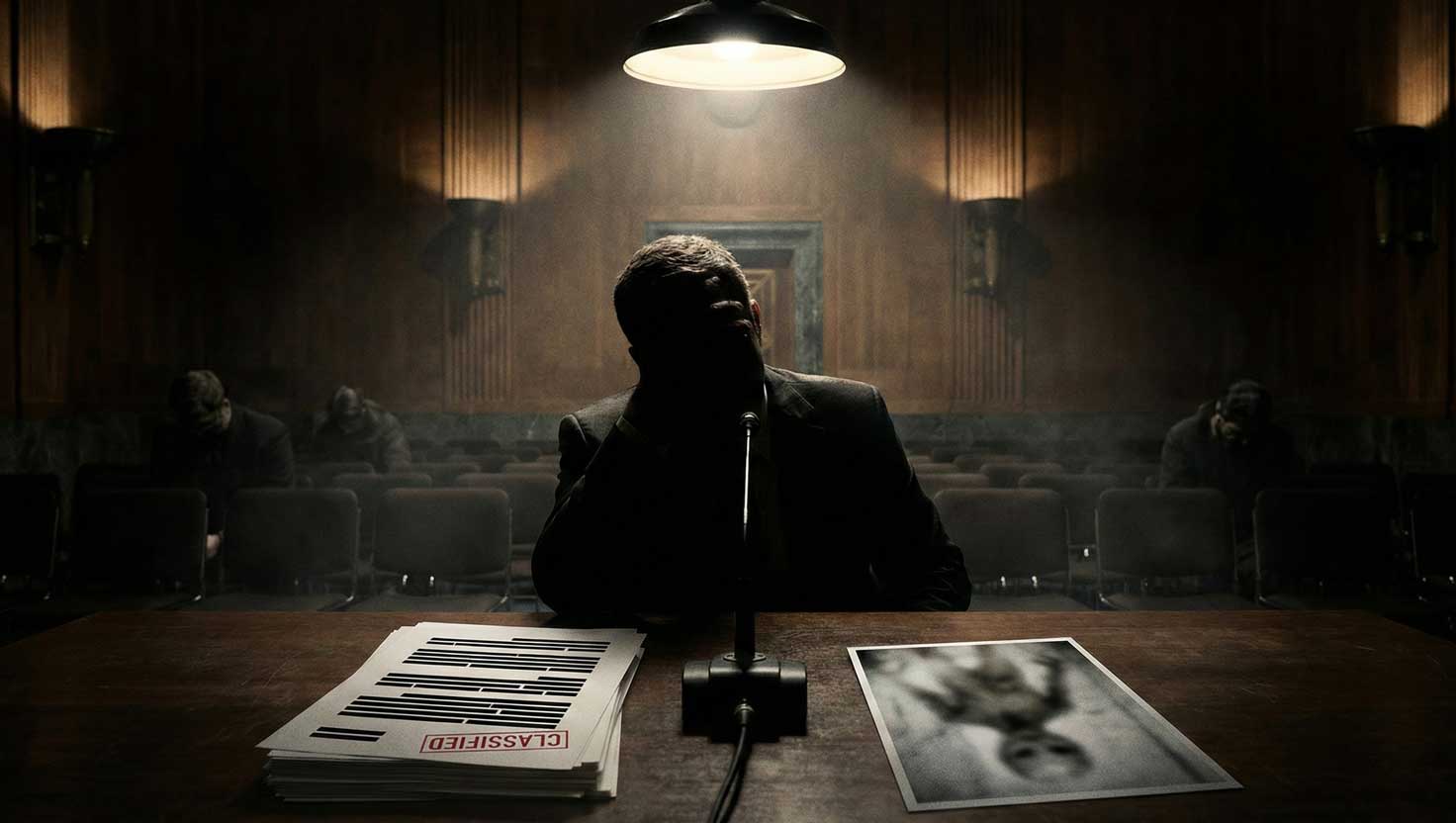 A silhouetted whistleblower at a dark congressional hearing table with classified documents and shadowy lighting.