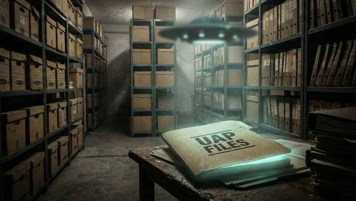 A glowing “UAP FILES” folder sitting inside a dimly lit government archive room surrounded by shelves of classified documents.